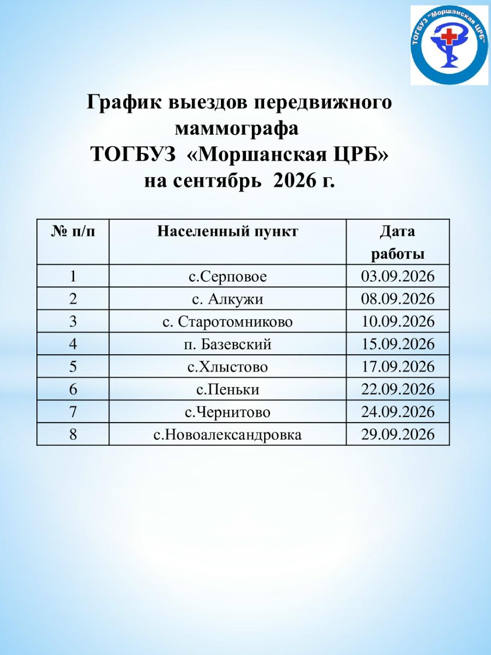 🆕График выездов передвижного маммографа ТОГБУЗ «Моршанская ЦРБ» на сентябрь 2026 г.