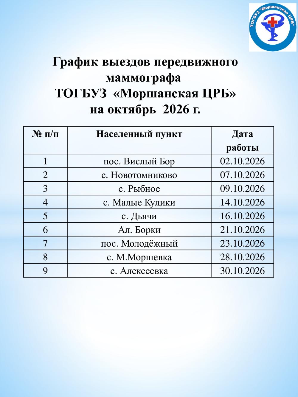 🆕График выездов передвижного маммографа ТОГБУЗ «Моршанская ЦРБ» на октябрь 2026 г.