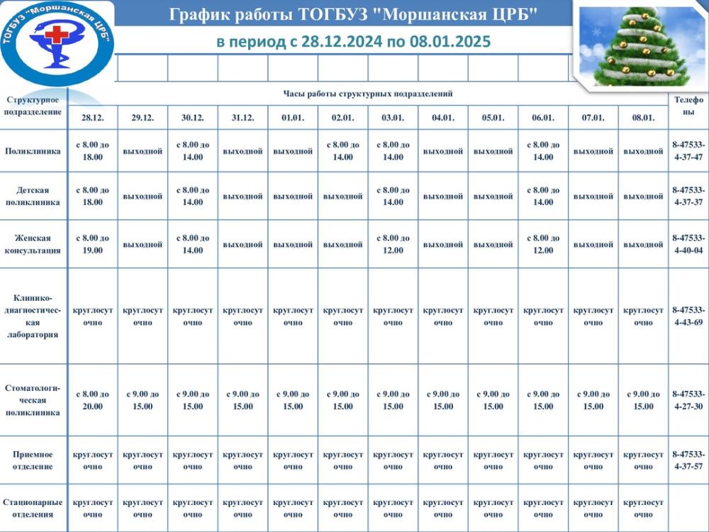 График работы ТОГБУЗ "Моршанская ЦРБ" в период с 28.12.2024 года по 08.01.2025 года.