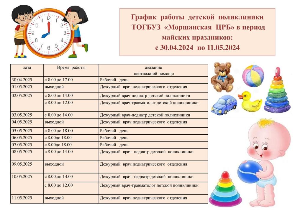 График работы детской поликлиники ТОГБУЗ "Моршанская ЦРБ" в период с 30.04.2025 года по 11.05.2025 года